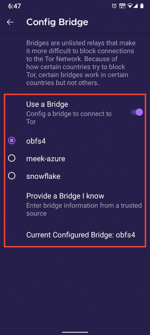 Selected a bridge on Tor Browser for Android