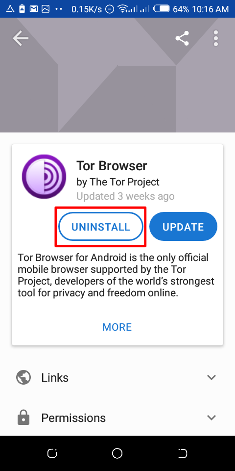 Uninstalling Tor Browser for Android on F-Droid